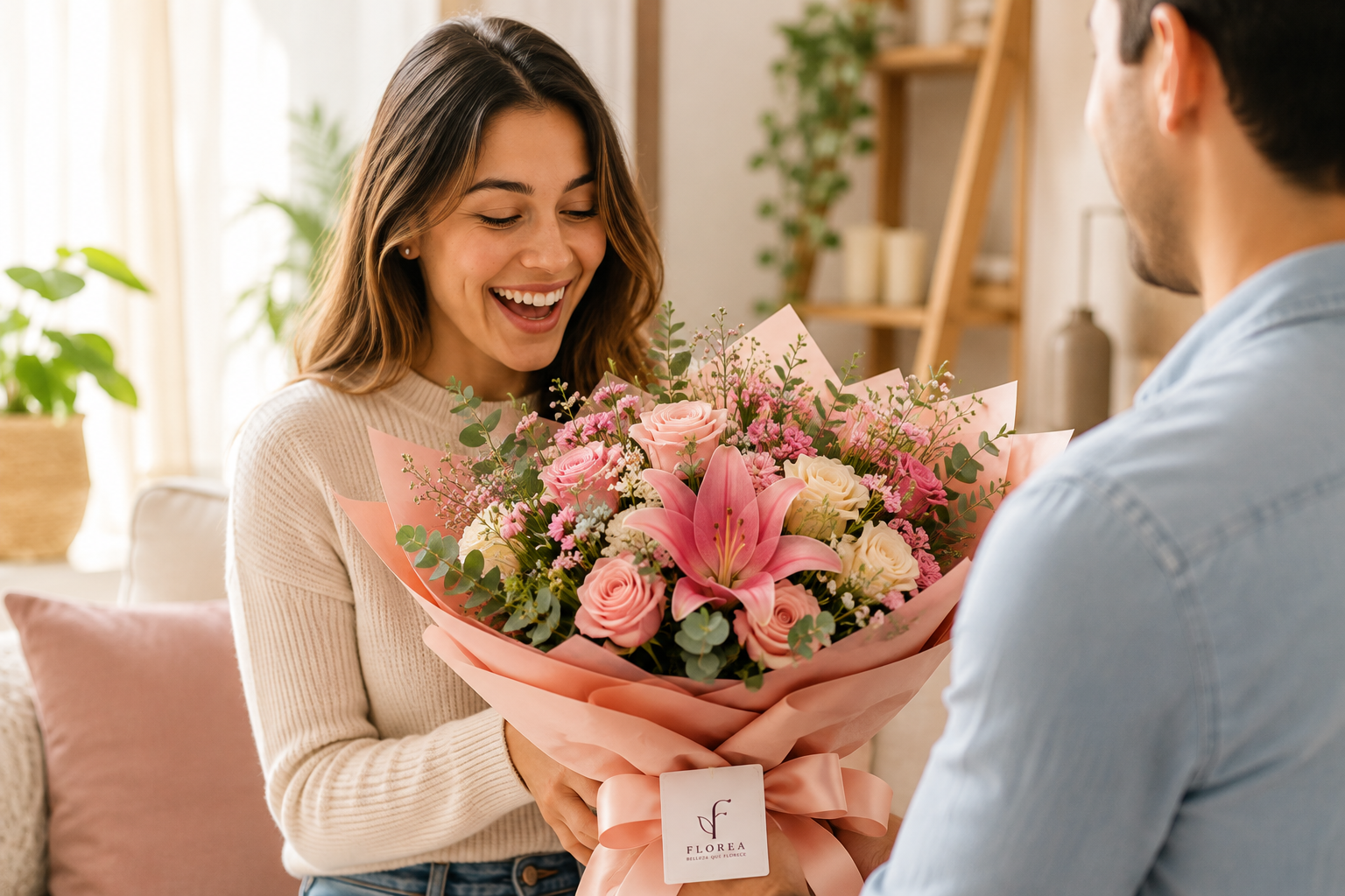 Mujer recibiendo un arreglo floral
