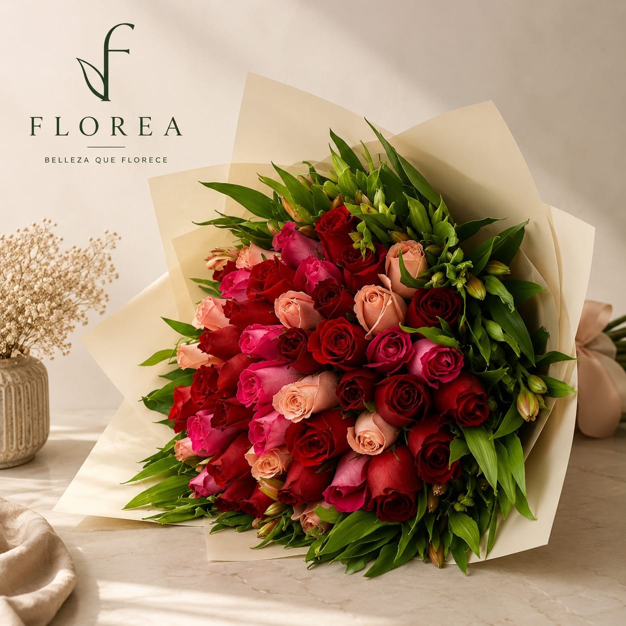Ramo de 45 rosas y astromelia
